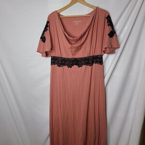 Soft Surroundings Dusty Pink With‎ Black Lace Maxi Dress with Cowl Neck sz M
